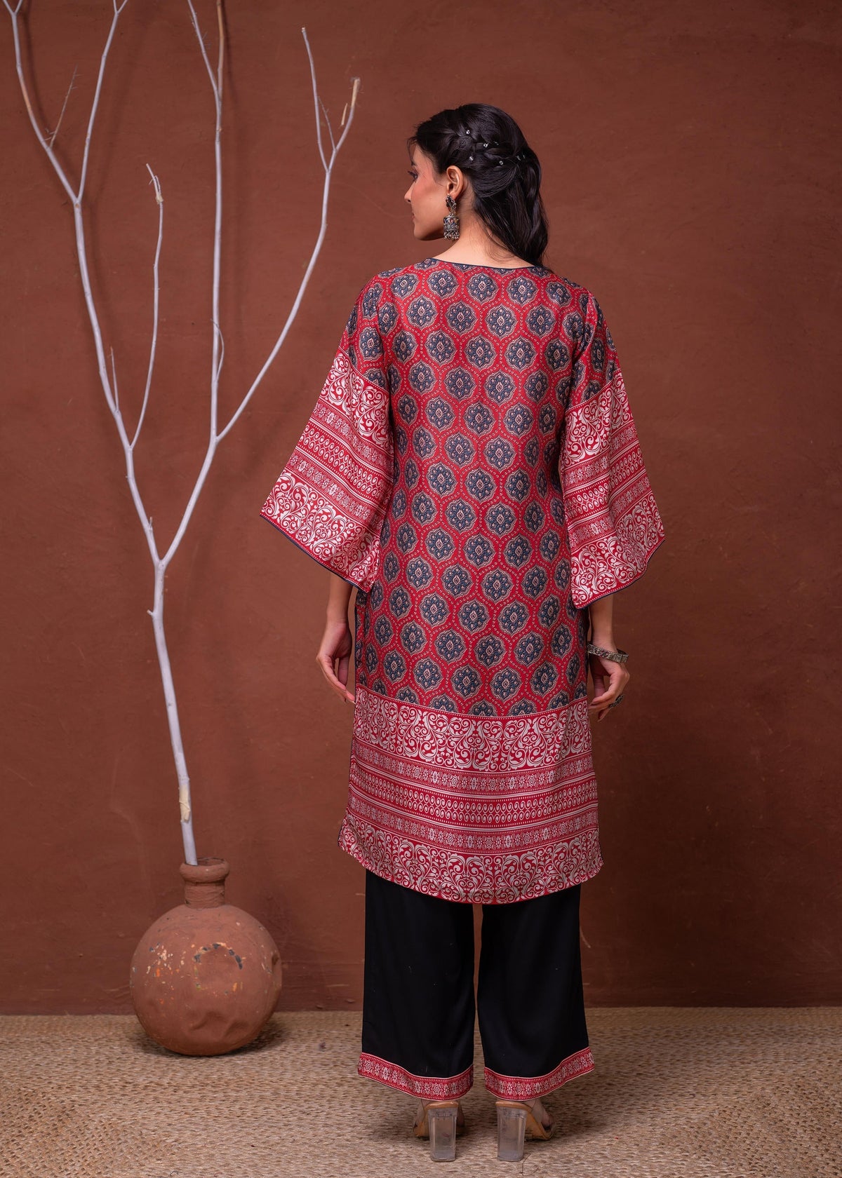 Juniper Polycotton Maroon Embroidered Kurta Pant Set With Mirror, Thread Work & Tassels | Grocsy