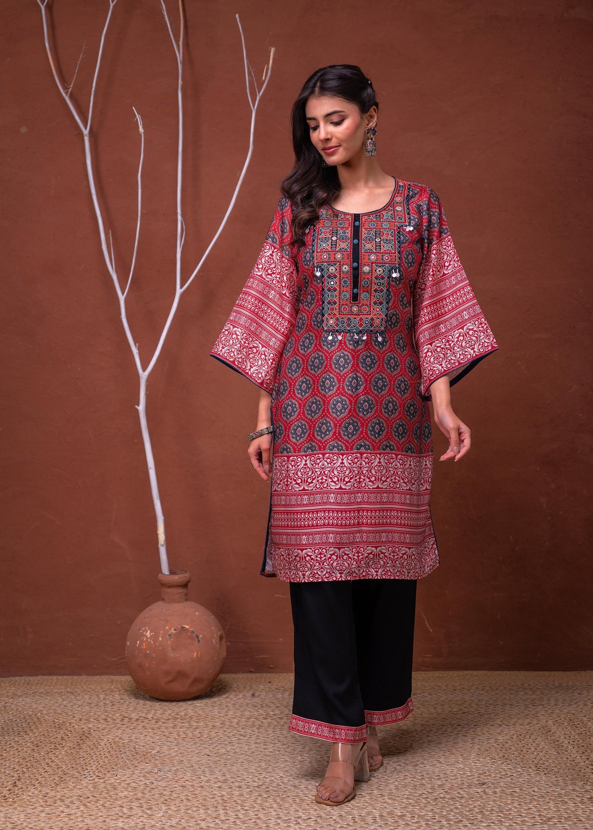 Juniper Polycotton Maroon Embroidered Kurta Pant Set With Mirror, Thread Work & Tassels | Grocsy