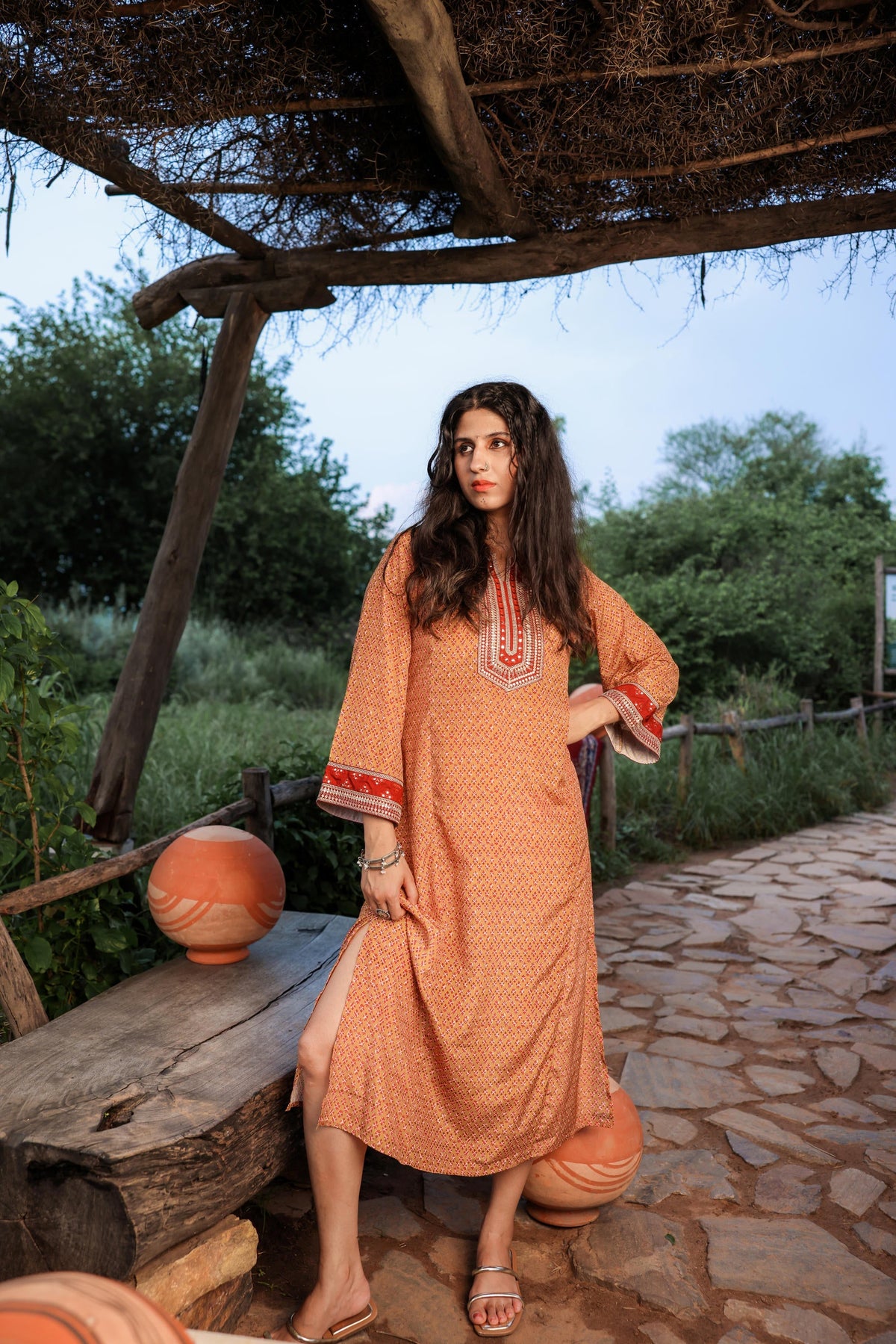 Juniper Mustard Embroidered A-Line Kurta With Mirror & Thread Work | Grocsy