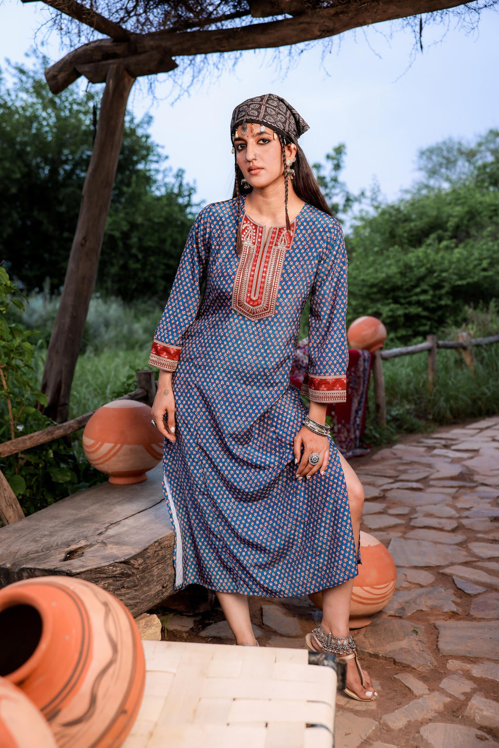 Juniper Teal Ethnic Motif Embroidered A-Line Kurta With Zari & Mirror Work | Grocsy