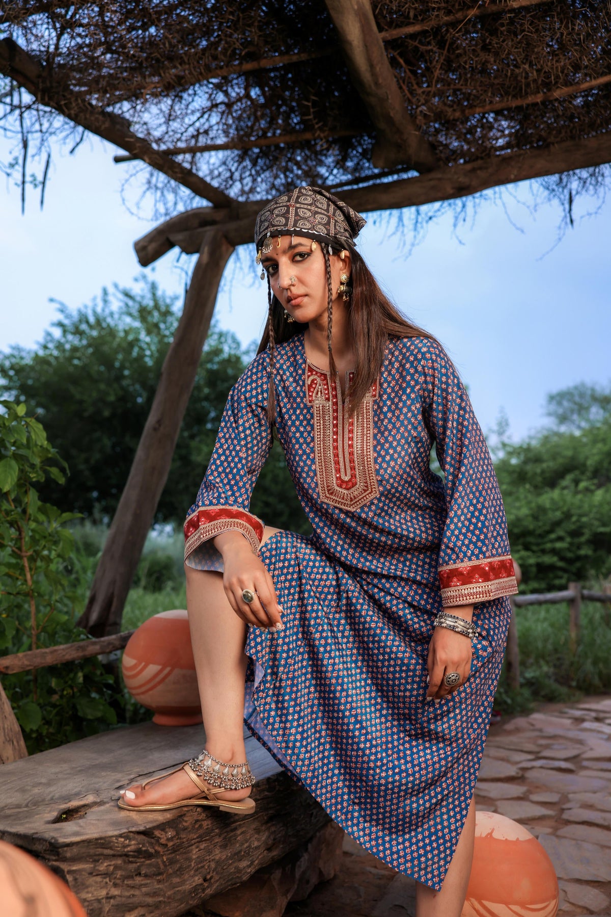 Juniper Teal Ethnic Motif Embroidered A-Line Kurta With Zari & Mirror Work | Grocsy