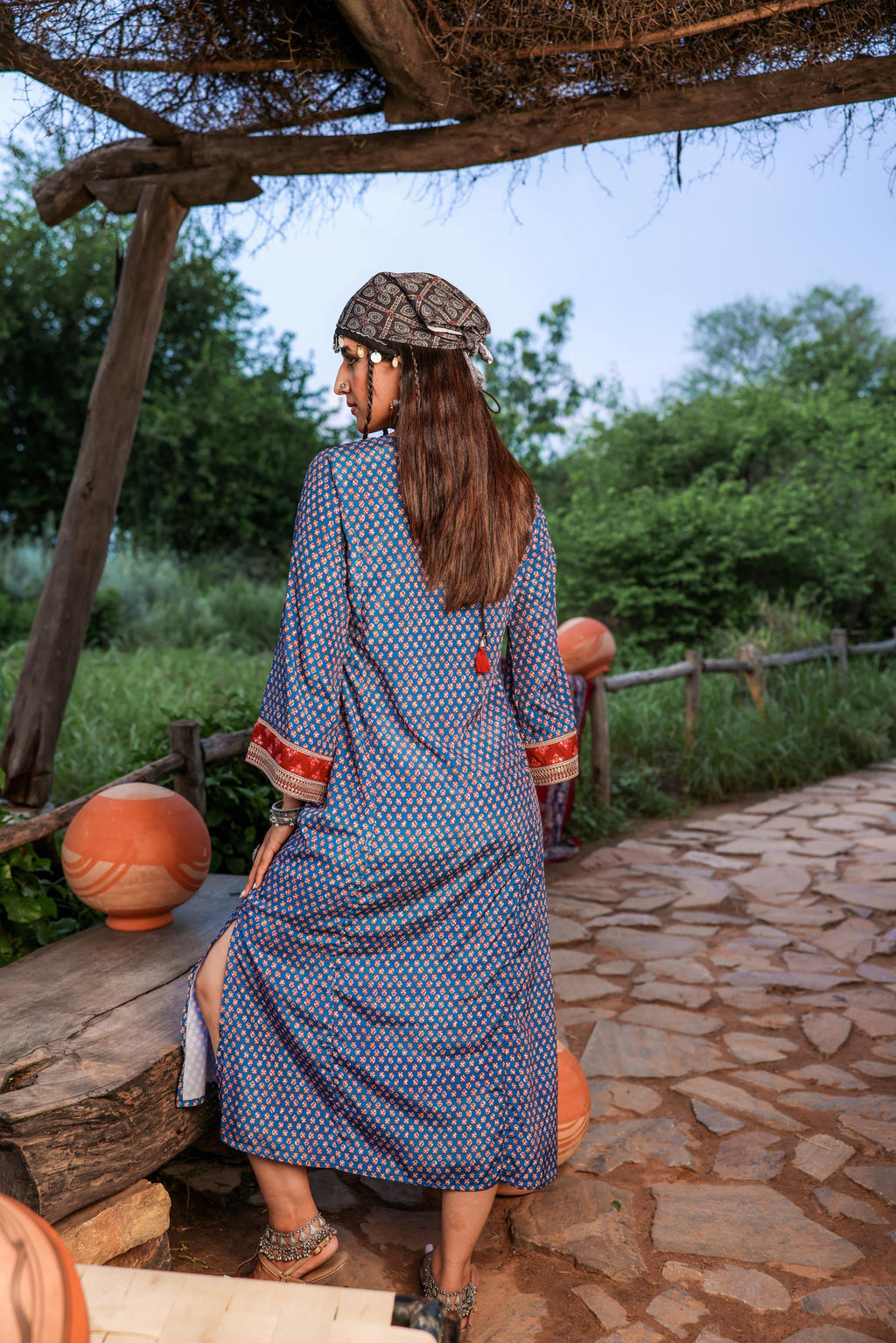 Juniper Teal Ethnic Motif Embroidered A-Line Kurta With Zari & Mirror Work | Grocsy
