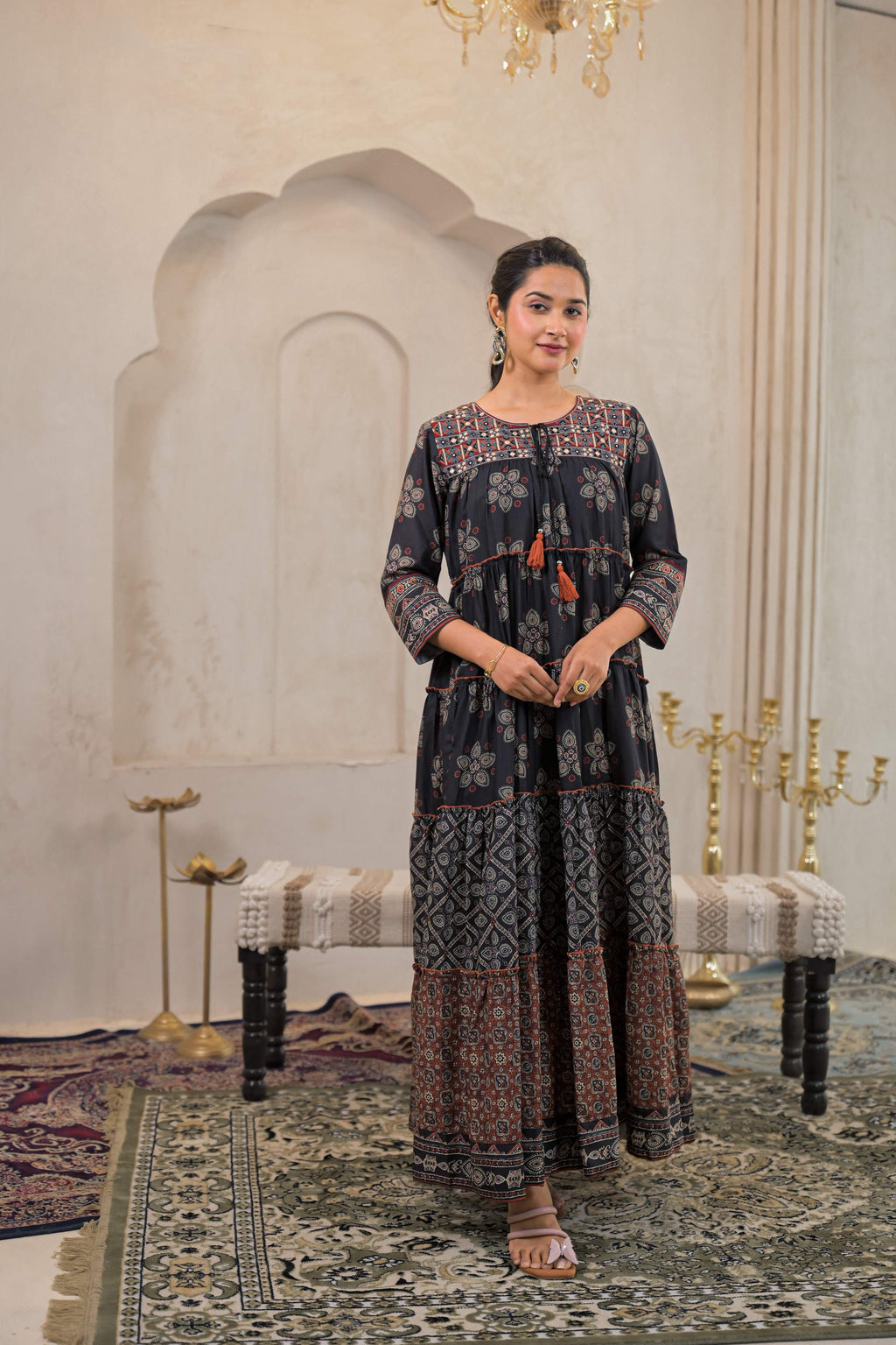 Juniper Black Man Made Fiber Ethnic Tiered Flared Long Dress With Mirror & Thread Work | Grocsy