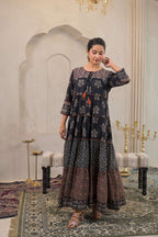 Juniper Black Man Made Fiber Ethnic Tiered Flared Long Dress With Mirror & Thread Work | Grocsy