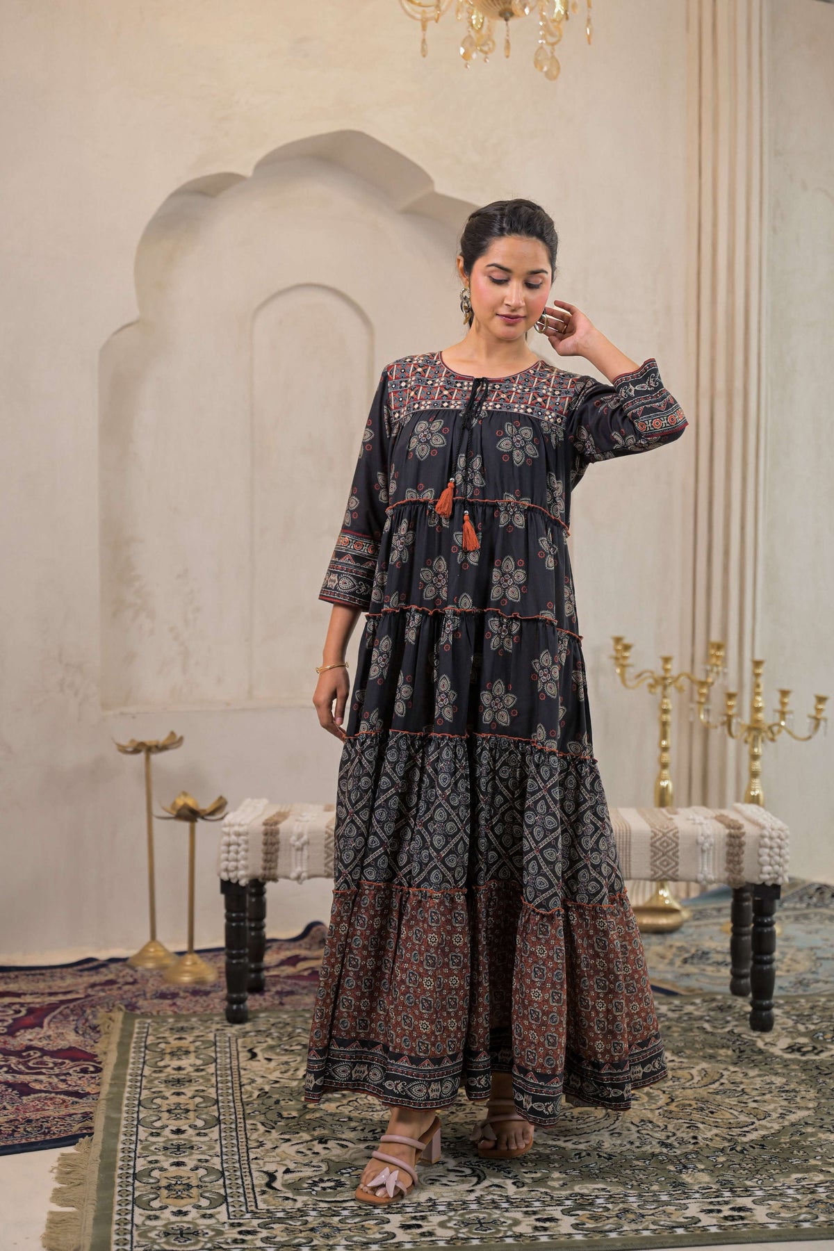 Juniper Black Man Made Fiber Ethnic Tiered Flared Long Dress With Mirror & Thread Work | Grocsy