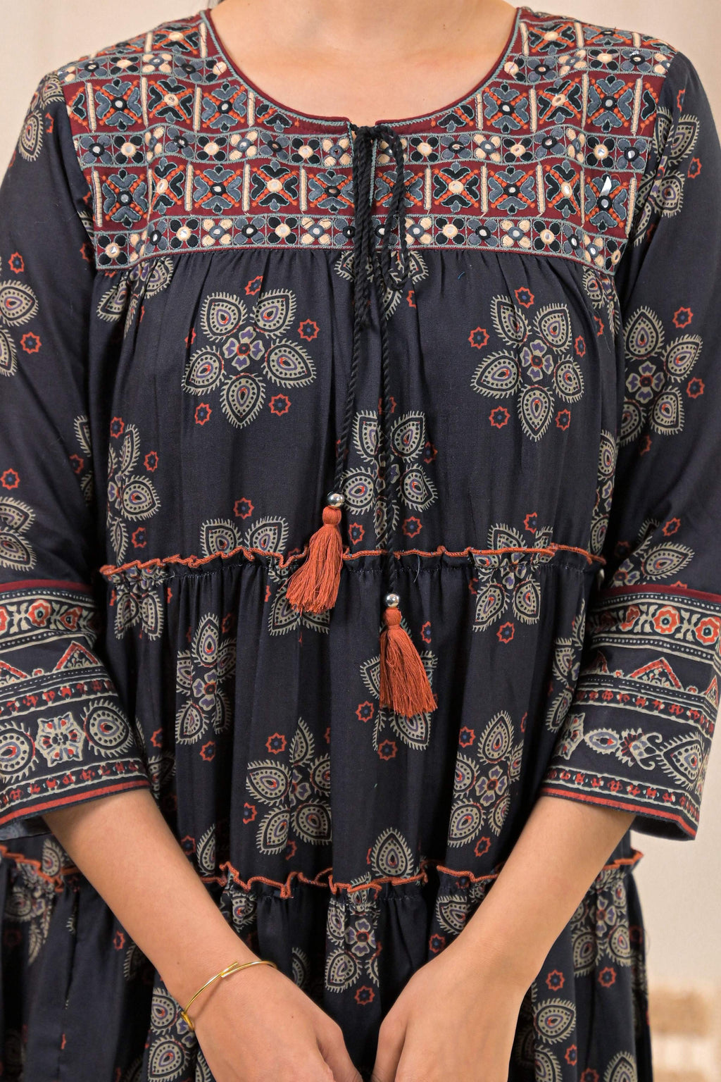 Juniper Black Man Made Fiber Ethnic Tiered Flared Long Dress With Mirror & Thread Work | Grocsy