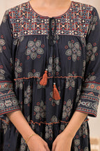 Juniper Black Man Made Fiber Ethnic Tiered Flared Long Dress With Mirror & Thread Work | Grocsy