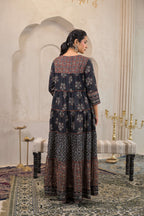Juniper Black Man Made Fiber Ethnic Tiered Flared Long Dress With Mirror & Thread Work | Grocsy