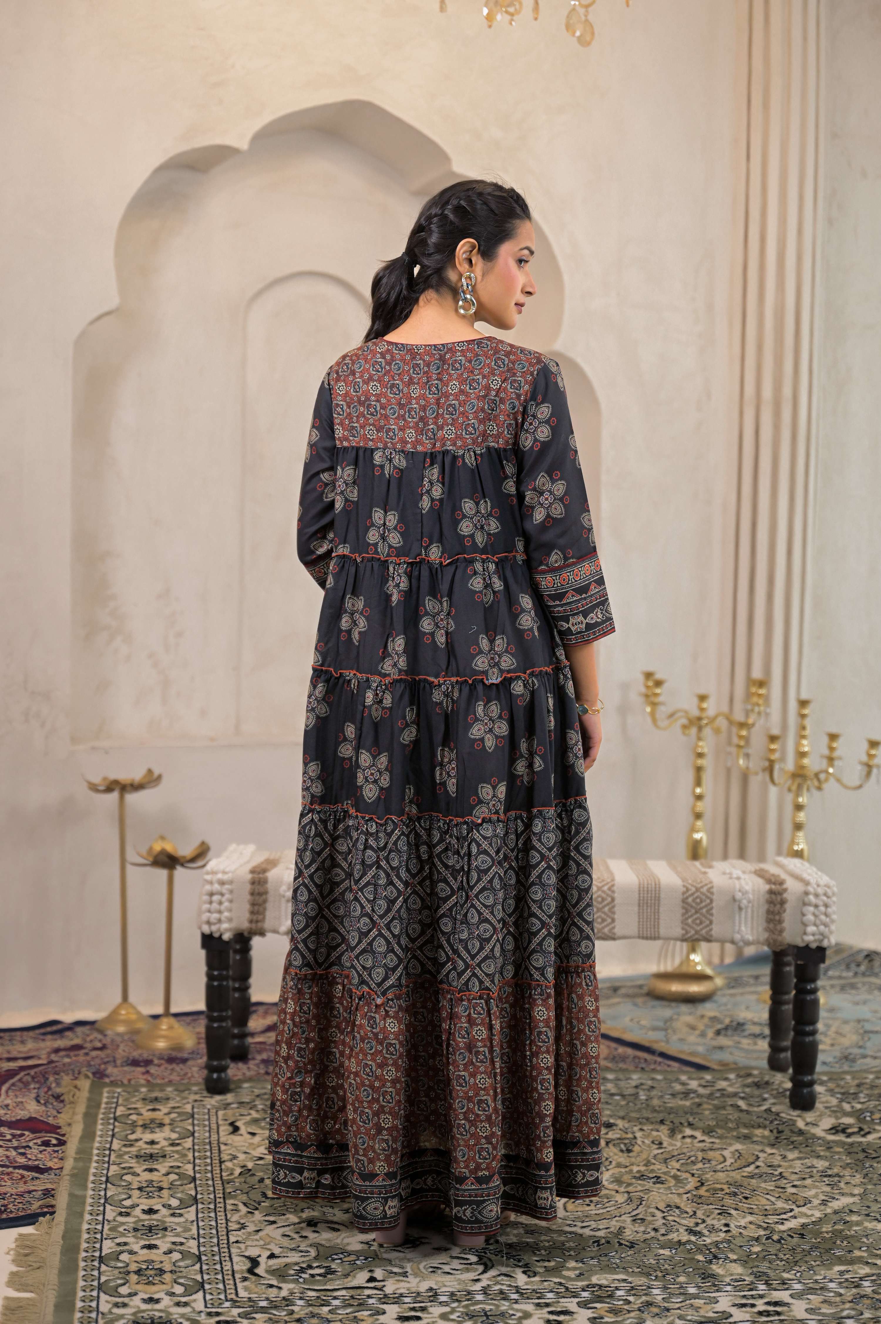 Juniper Black Man Made Fiber Ethnic Tiered Flared Long Dress With Mirror & Thread Work | Grocsy