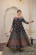 Juniper Black Man Made Fiber Ethnic Tiered Flared Long Dress With Mirror & Thread Work | Grocsy