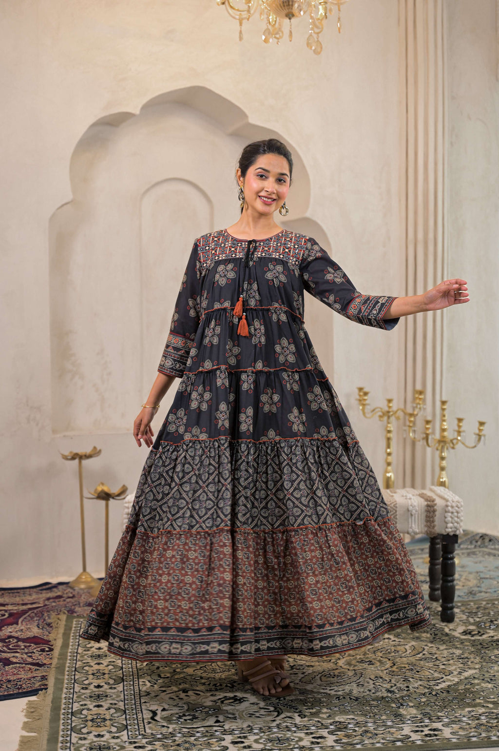 Juniper Black Man Made Fiber Ethnic Tiered Flared Long Dress With Mirror & Thread Work | Grocsy