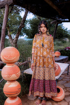 Juniper Mustard Embroidered Anarkali Long Dress With Tassels & Mirror Work | Grocsy