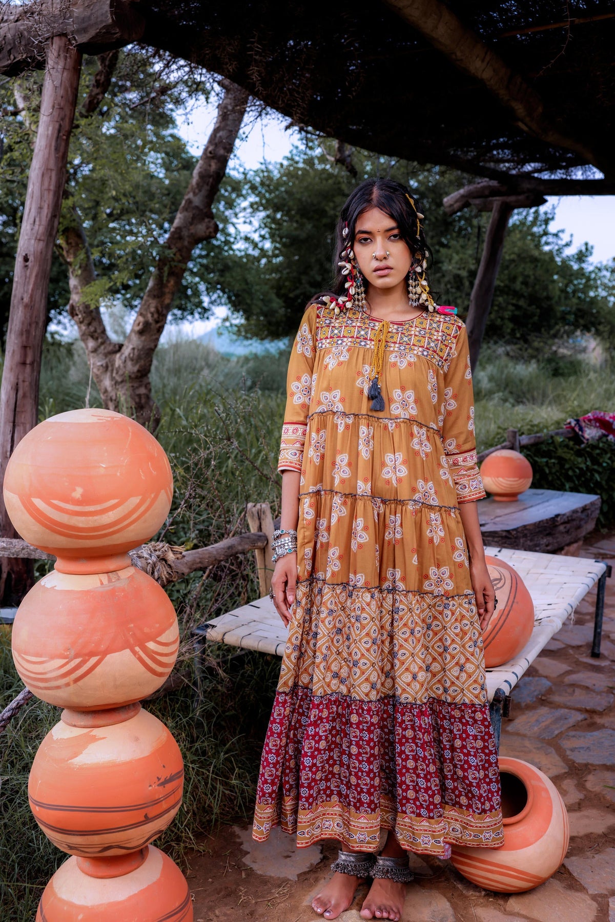 Juniper Mustard Embroidered Anarkali Long Dress With Tassels & Mirror Work | Grocsy