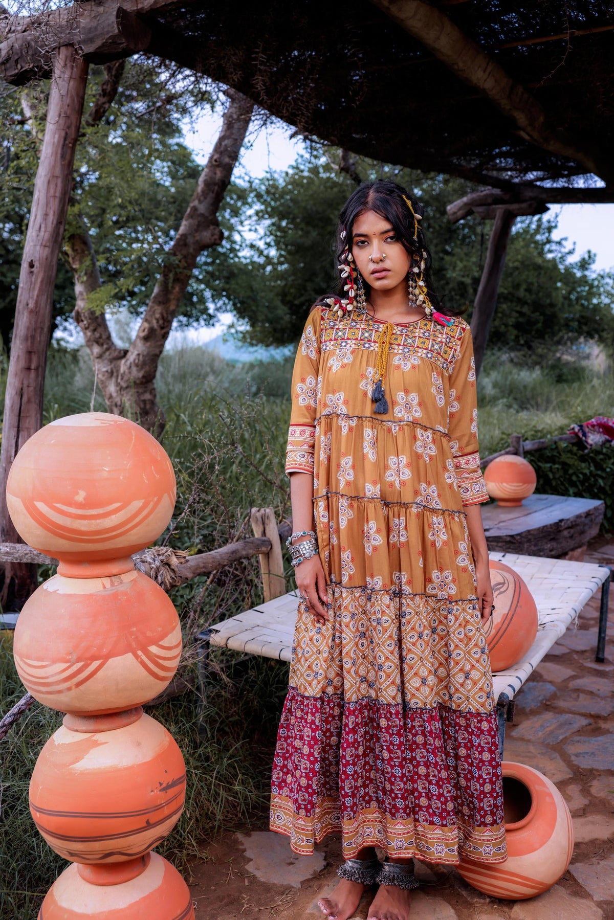 Juniper Mustard Embroidered Anarkali Long Dress With Tassels & Mirror Work | Grocsy