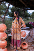 Juniper Mustard Embroidered Anarkali Long Dress With Tassels & Mirror Work | Grocsy