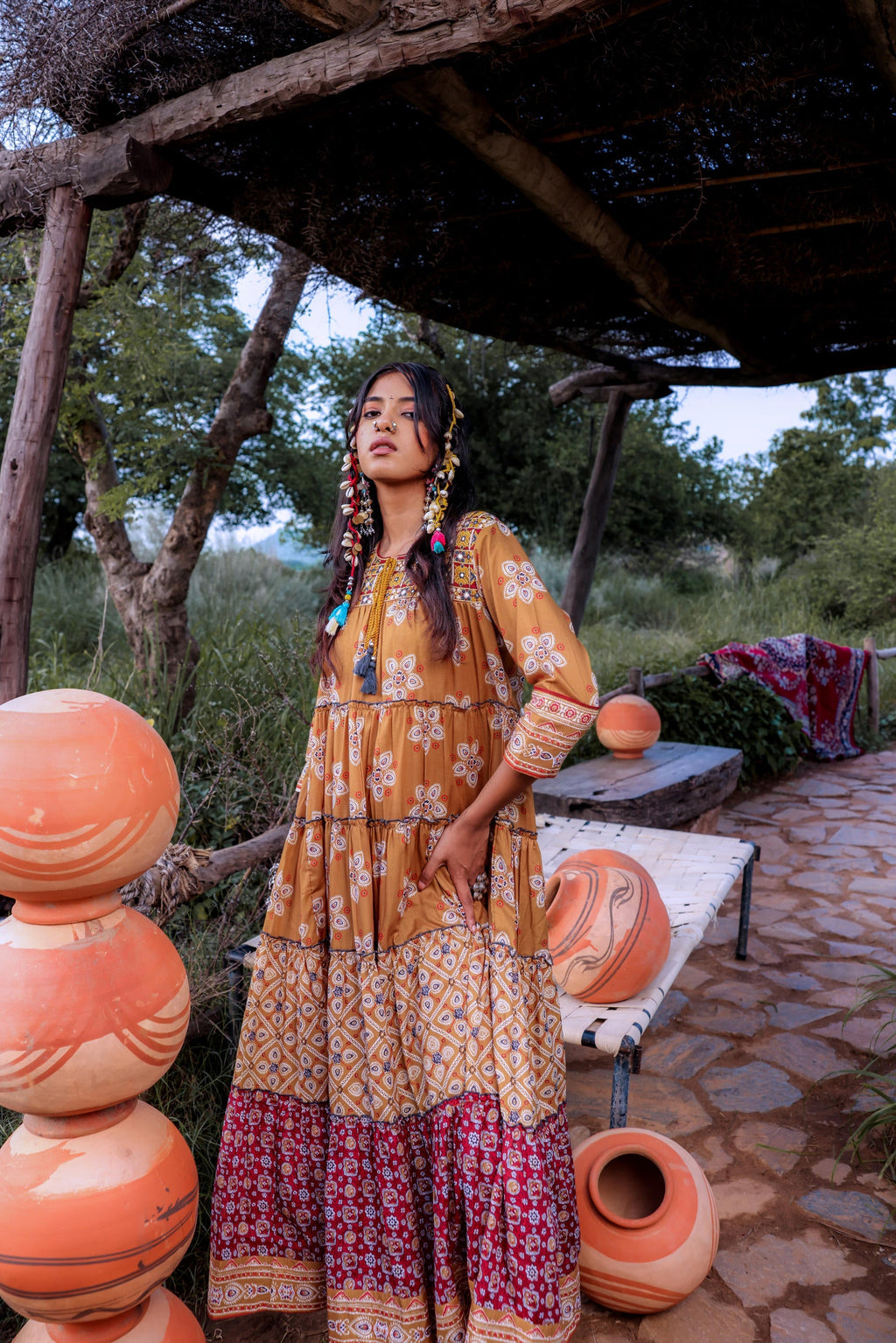 Juniper Mustard Embroidered Anarkali Long Dress With Tassels & Mirror Work | Grocsy