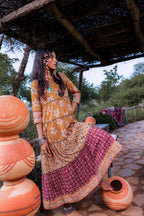 Juniper Mustard Embroidered Anarkali Long Dress With Tassels & Mirror Work | Grocsy