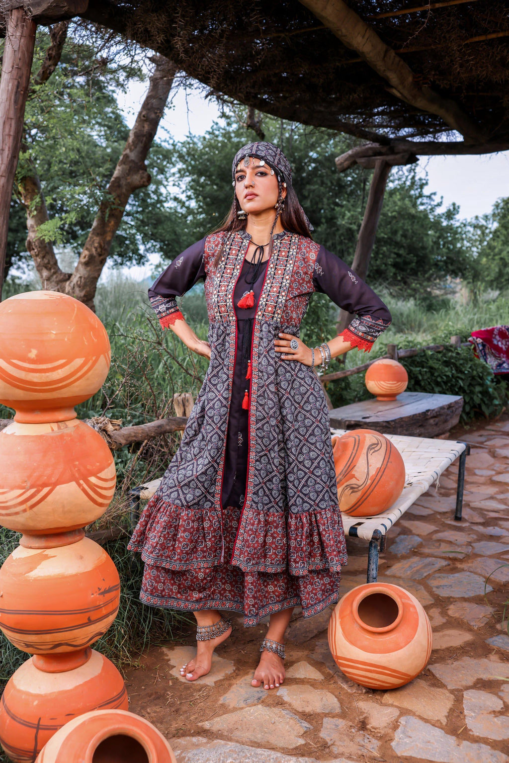 Juniper Black Embroidered Double-Layered Long Dress With Inner & Mirror Work | Grocsy