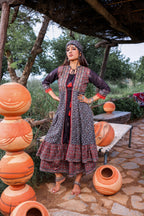 Juniper Black Embroidered Double-Layered Long Dress With Inner & Mirror Work | Grocsy