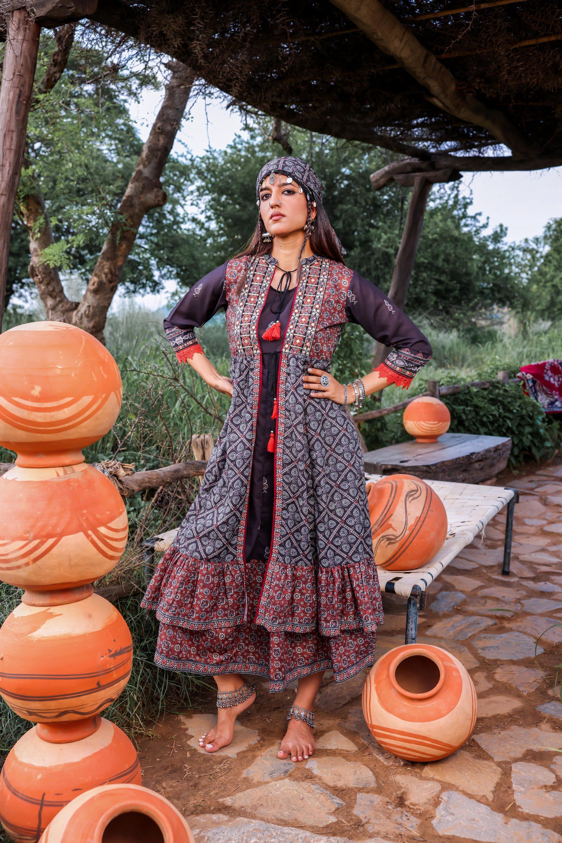 Juniper Black Embroidered Double-Layered Long Dress With Inner & Mirror Work | Grocsy