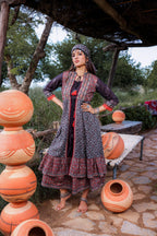 Juniper Black Embroidered Double-Layered Long Dress With Inner & Mirror Work | Grocsy