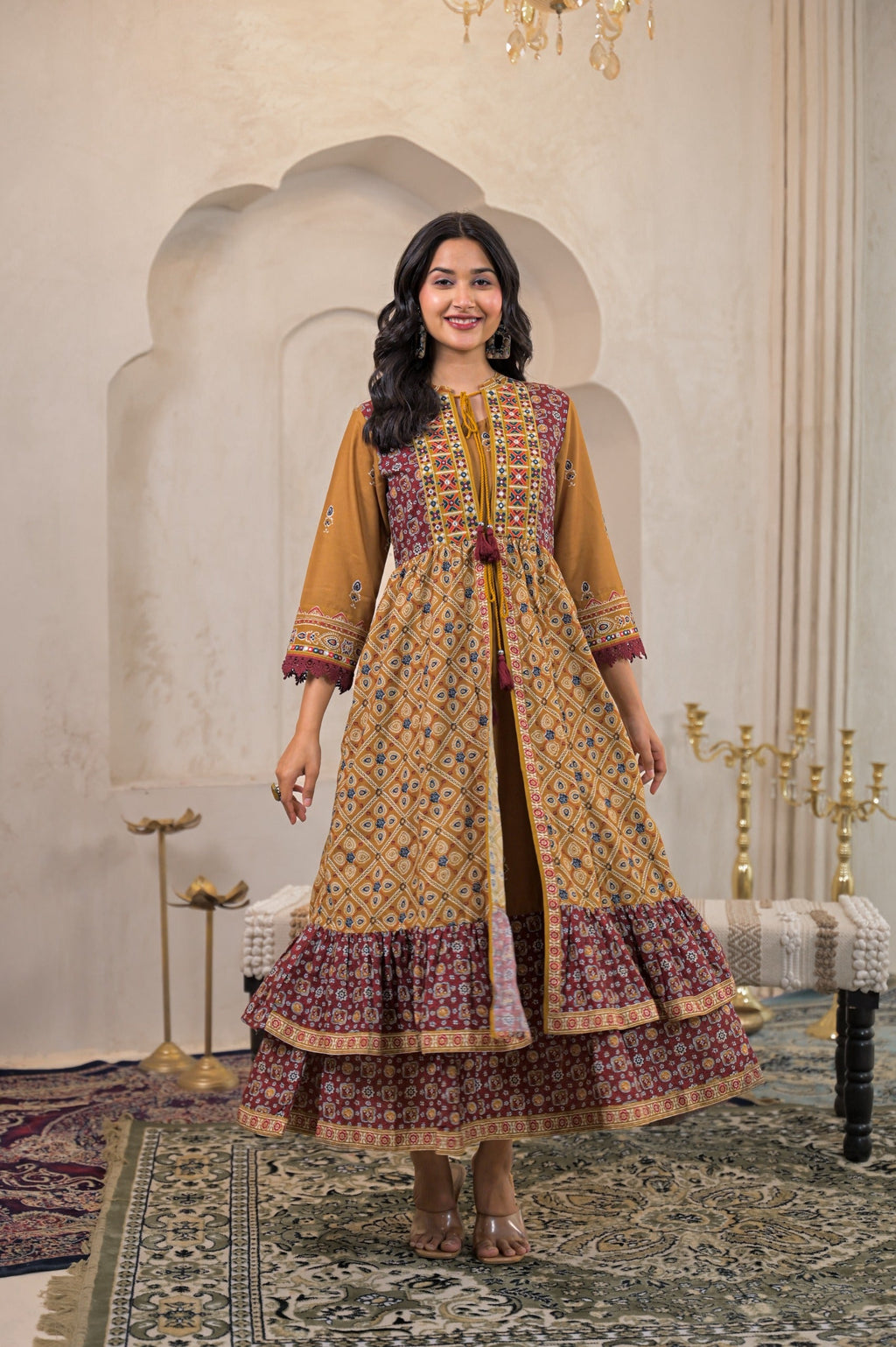 Juniper Mustard Man Made Fiber Ethnic Double Layered Flared Long Dress With Inner & Mirror Thread Work | Grocsy