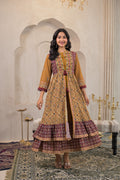 Juniper Mustard Man Made Fiber Ethnic Double Layered Flared Long Dress With Inner & Mirror Thread Work | Grocsy