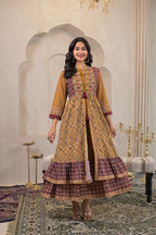 Juniper Mustard Man Made Fiber Ethnic Double Layered Flared Long Dress With Inner & Mirror Thread Work | Grocsy
