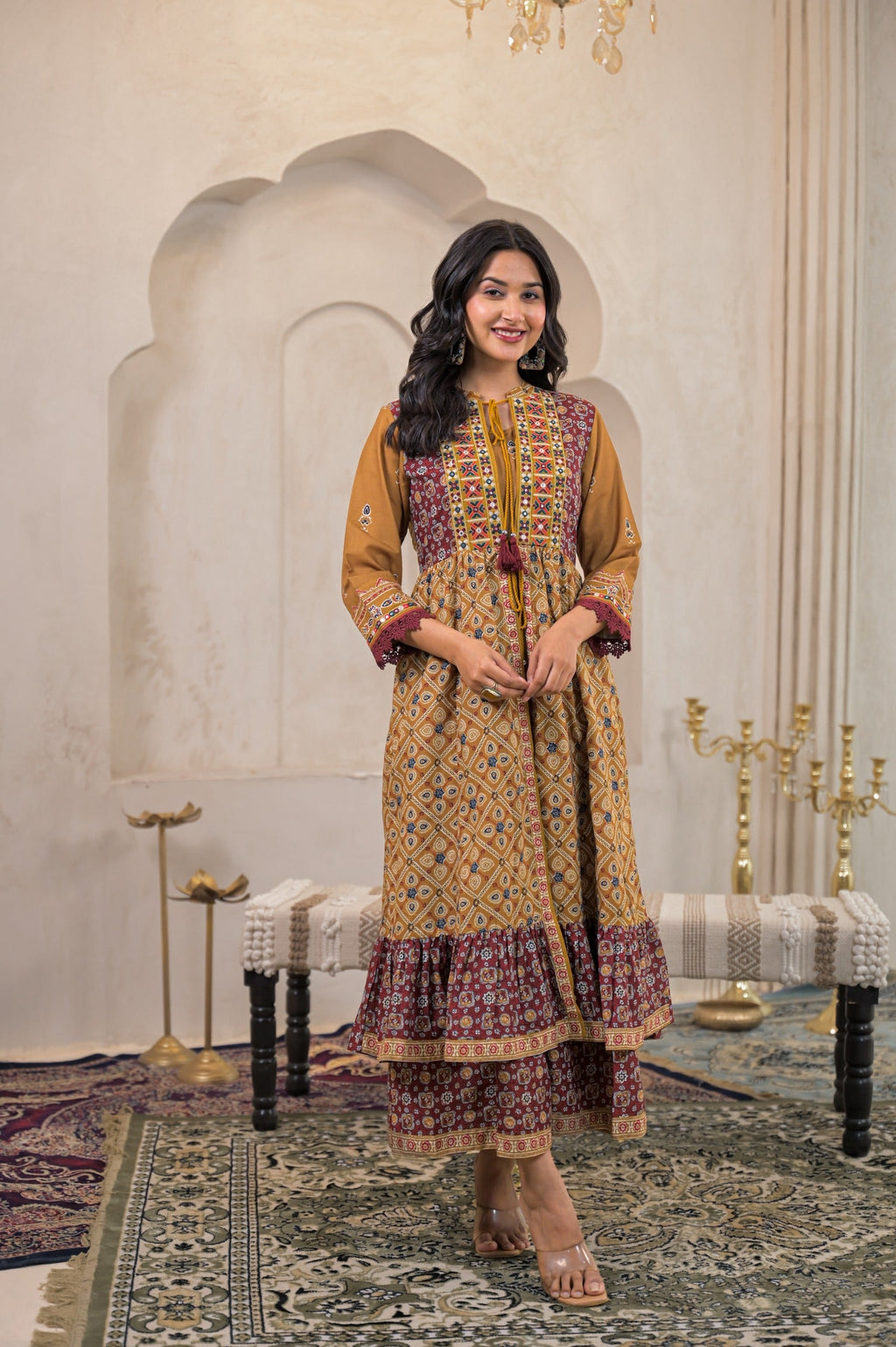 Juniper Mustard Man Made Fiber Ethnic Double Layered Flared Long Dress With Inner & Mirror Thread Work | Grocsy