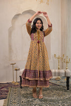 Juniper Mustard Man Made Fiber Ethnic Double Layered Flared Long Dress With Inner & Mirror Thread Work | Grocsy
