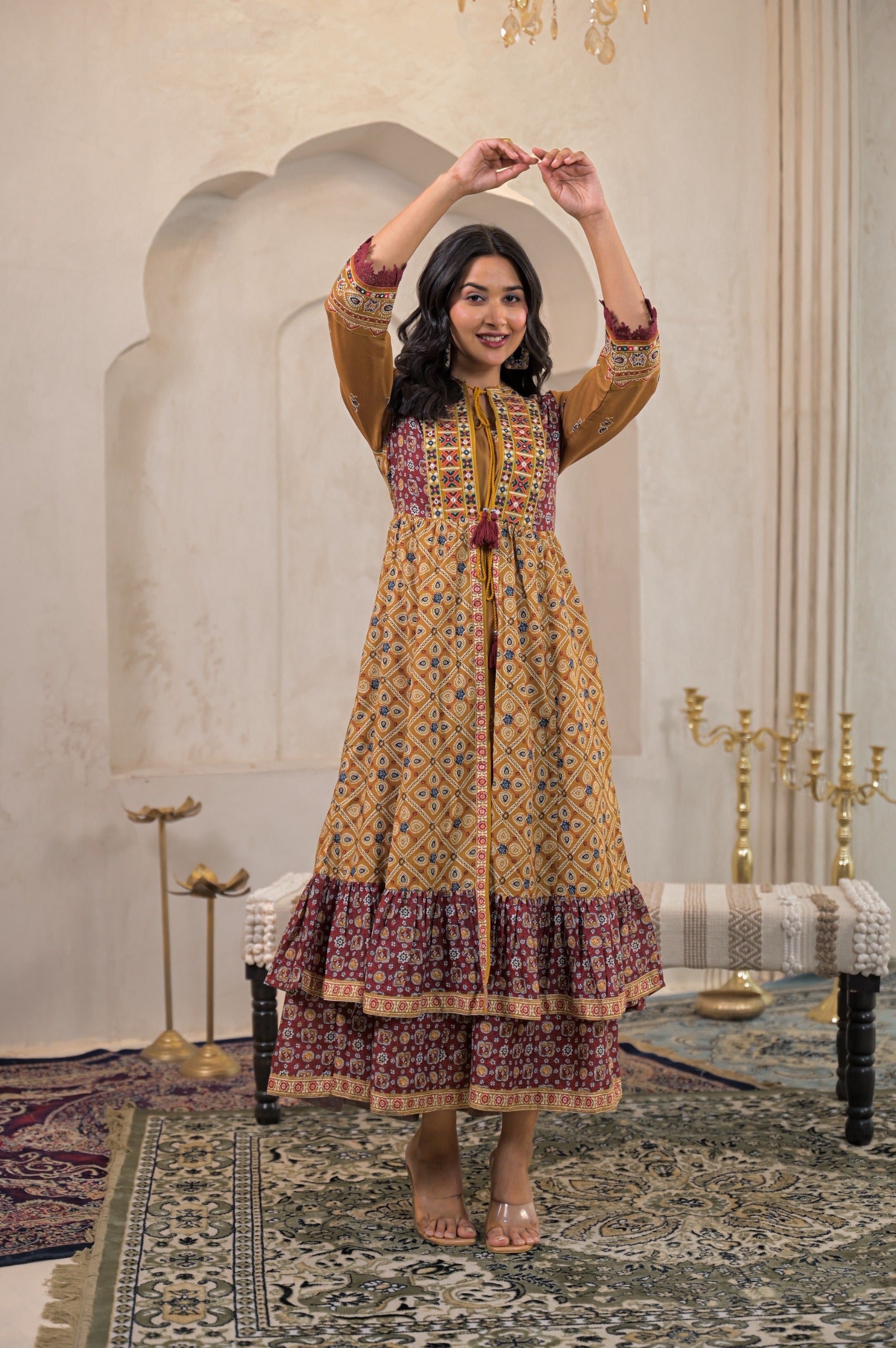 Juniper Mustard Man Made Fiber Ethnic Double Layered Flared Long Dress With Inner & Mirror Thread Work | Grocsy