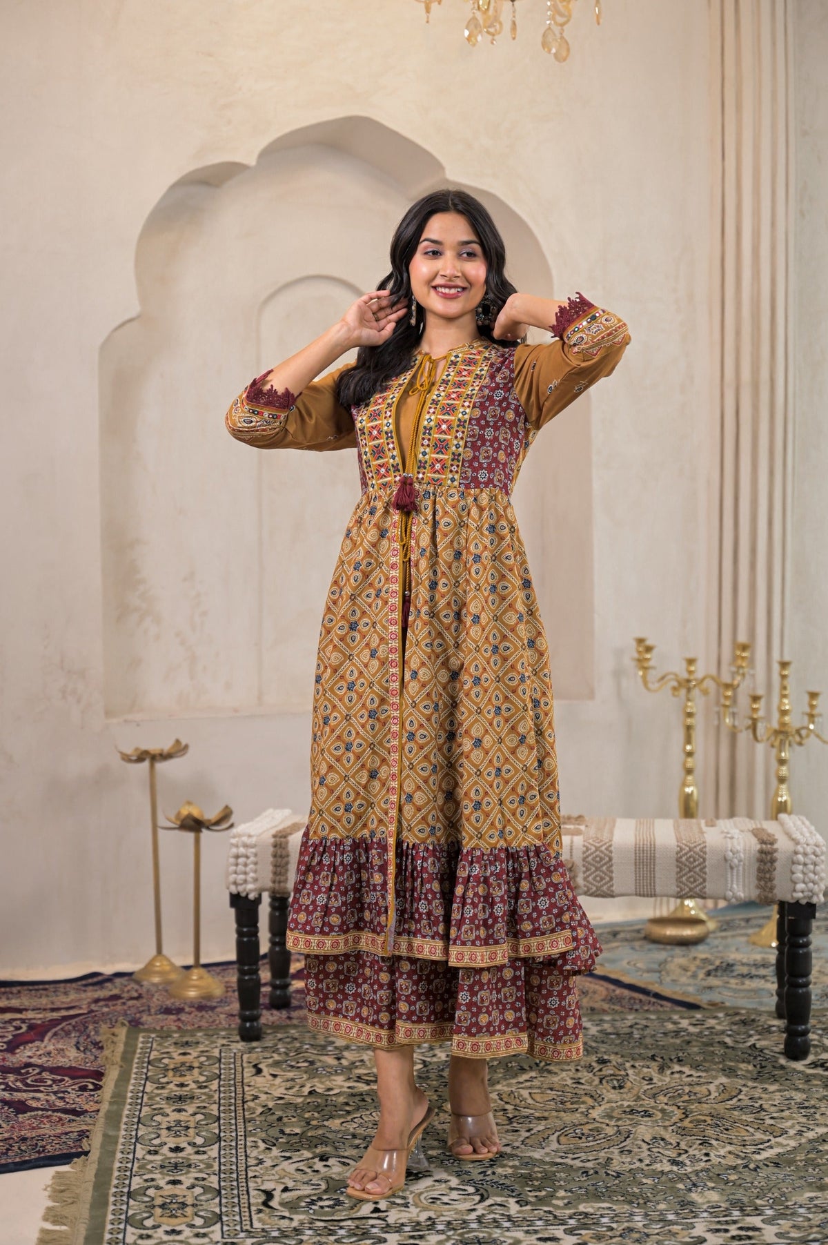 Juniper Mustard Man Made Fiber Ethnic Double Layered Flared Long Dress With Inner & Mirror Thread Work | Grocsy