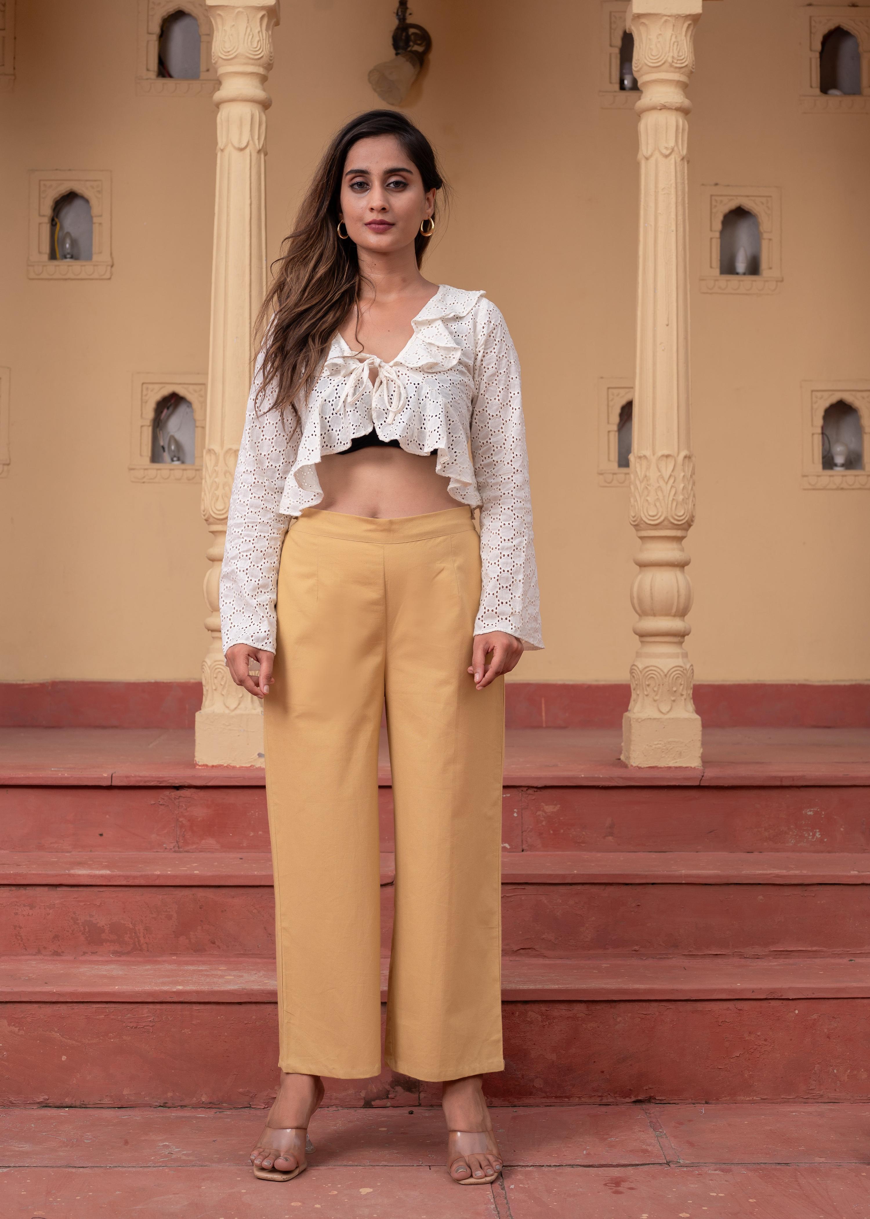Juniper Women'S Beige Solid Straight Cotton Pant With Pocket | Grocsy