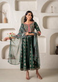 Juniper Jade Green Ethnic Motif Embroidered Fit & Flared Kurta Dupatta Set With Zari & Mirror Work | Grocsy