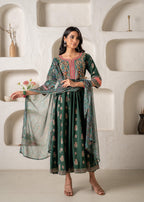 Juniper Jade Green Ethnic Motif Embroidered Fit & Flared Kurta Dupatta Set With Zari & Mirror Work | Grocsy