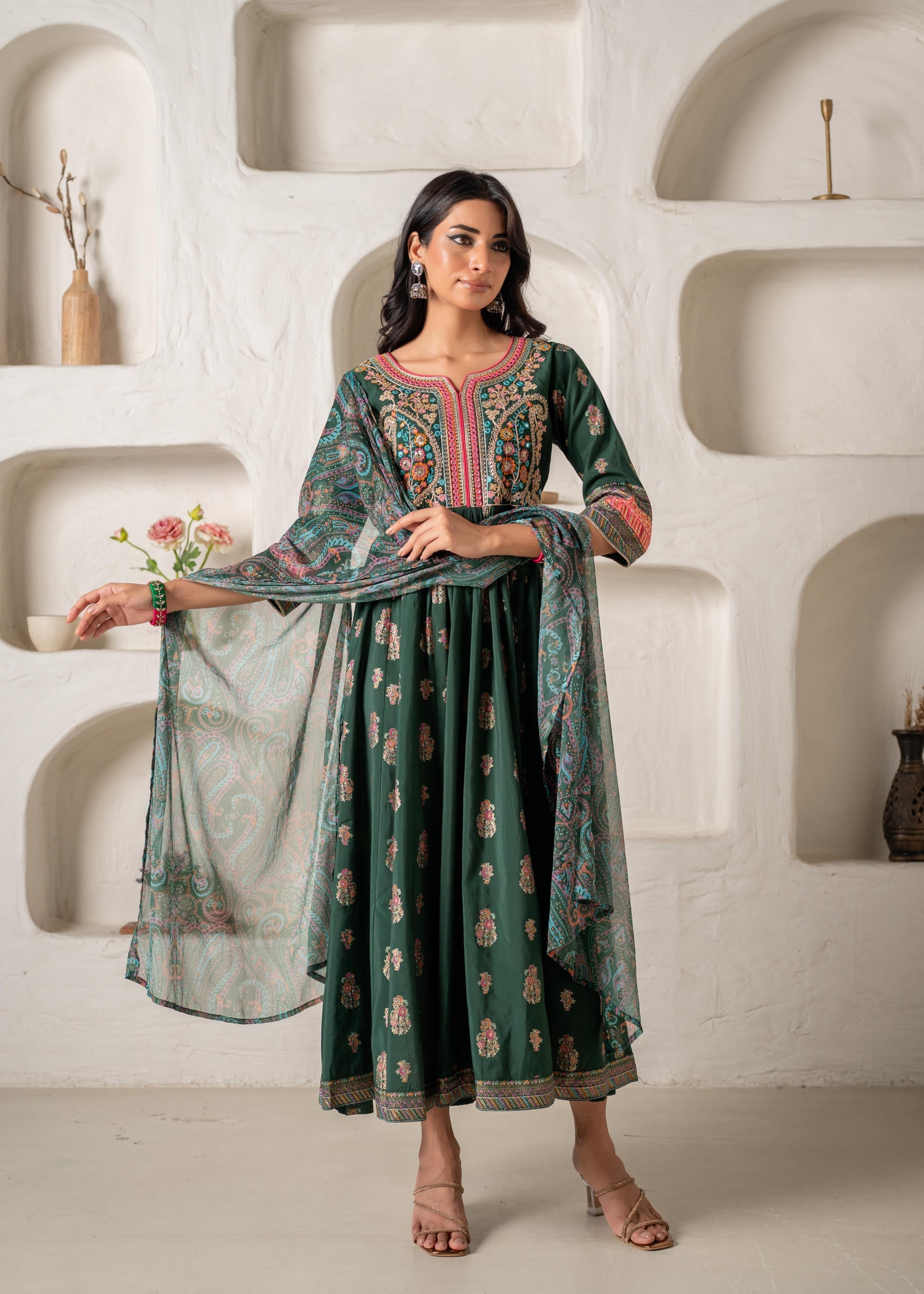 Juniper Jade Green Ethnic Motif Embroidered Fit & Flared Kurta Dupatta Set With Zari & Mirror Work | Grocsy