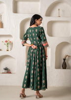 Juniper Jade Green Ethnic Motif Embroidered Fit & Flared Kurta Dupatta Set With Zari & Mirror Work | Grocsy