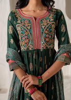 Juniper Jade Green Ethnic Motif Embroidered Fit & Flared Kurta Dupatta Set With Zari & Mirror Work | Grocsy