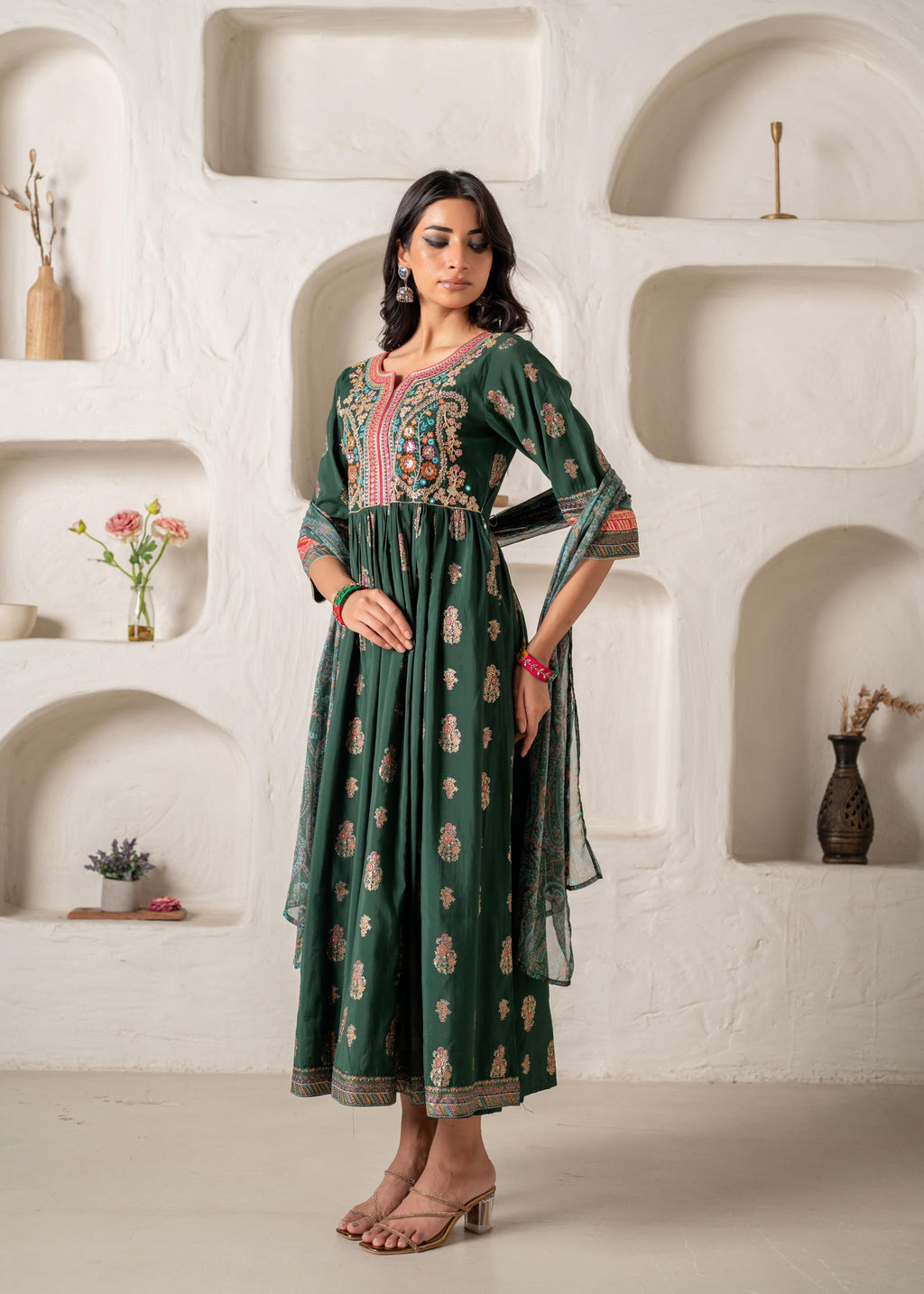 Juniper Jade Green Ethnic Motif Embroidered Fit & Flared Kurta Dupatta Set With Zari & Mirror Work | Grocsy