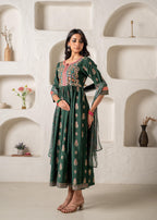 Juniper Jade Green Ethnic Motif Embroidered Fit & Flared Kurta Dupatta Set With Zari & Mirror Work | Grocsy