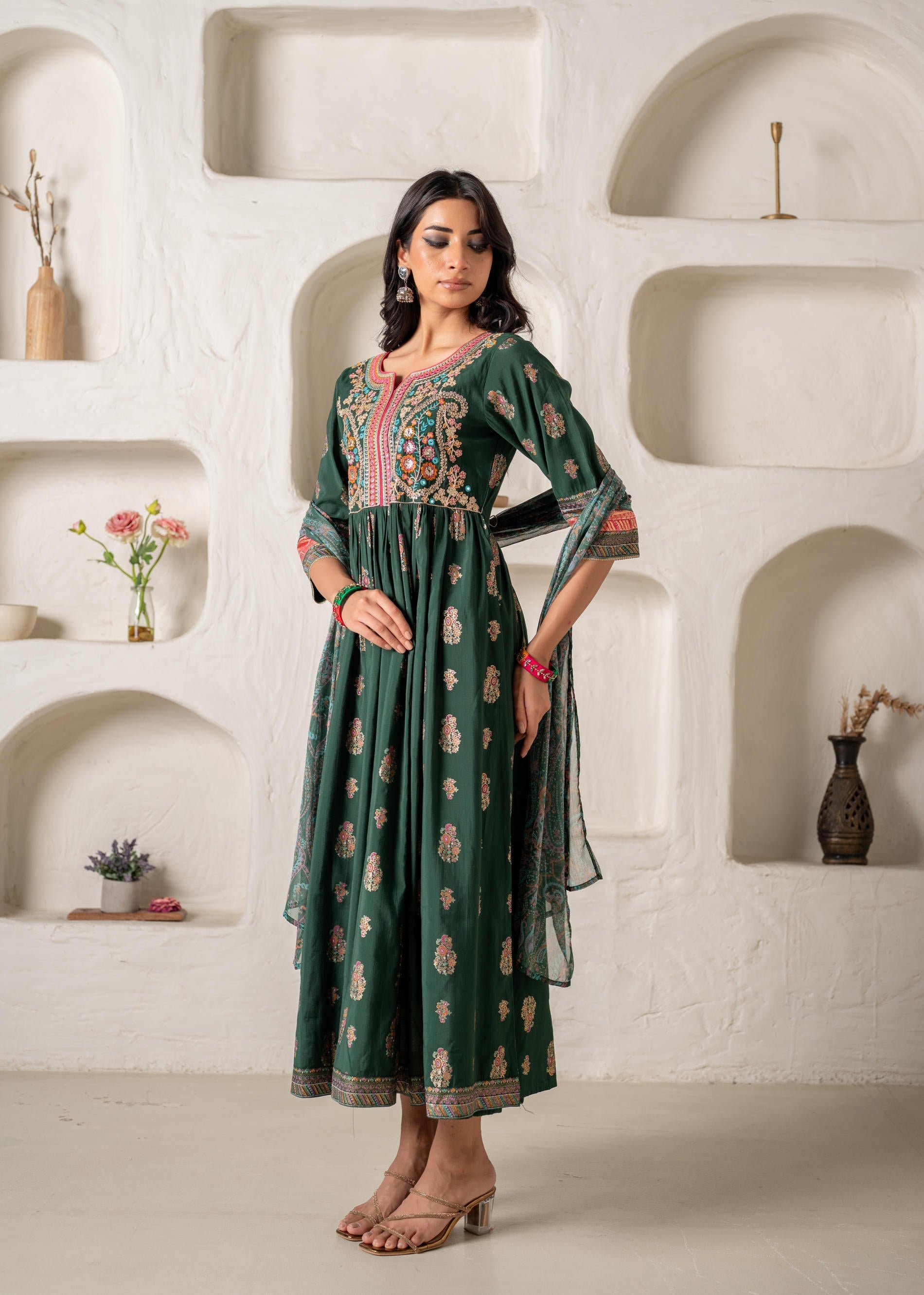 Juniper Jade Green Ethnic Motif Embroidered Fit & Flared Kurta Dupatta Set With Zari & Mirror Work | Grocsy