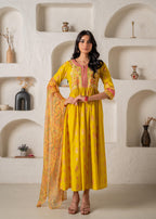 Juniper Mustard Yellow Embroidered Anarkali Kurta With Printed Dupatta | Grocsy
