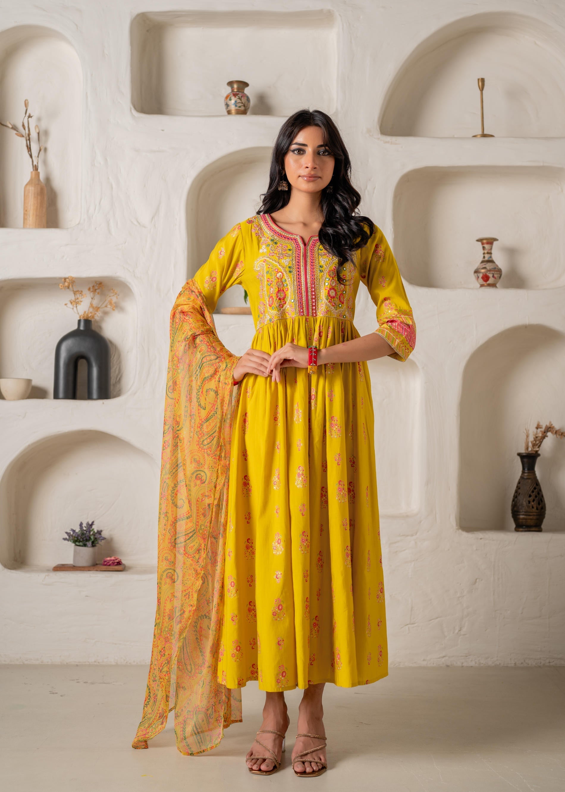 Juniper Mustard Yellow Embroidered Anarkali Kurta With Printed Dupatta | Grocsy
