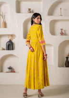 Juniper Mustard Yellow Embroidered Anarkali Kurta With Printed Dupatta | Grocsy