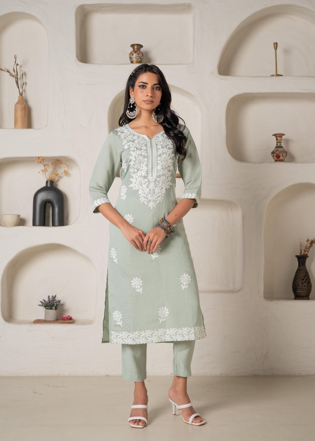 Juniper Mint Solid Embroidered Straight Kurta Pant Set With Thread Work | Grocsy