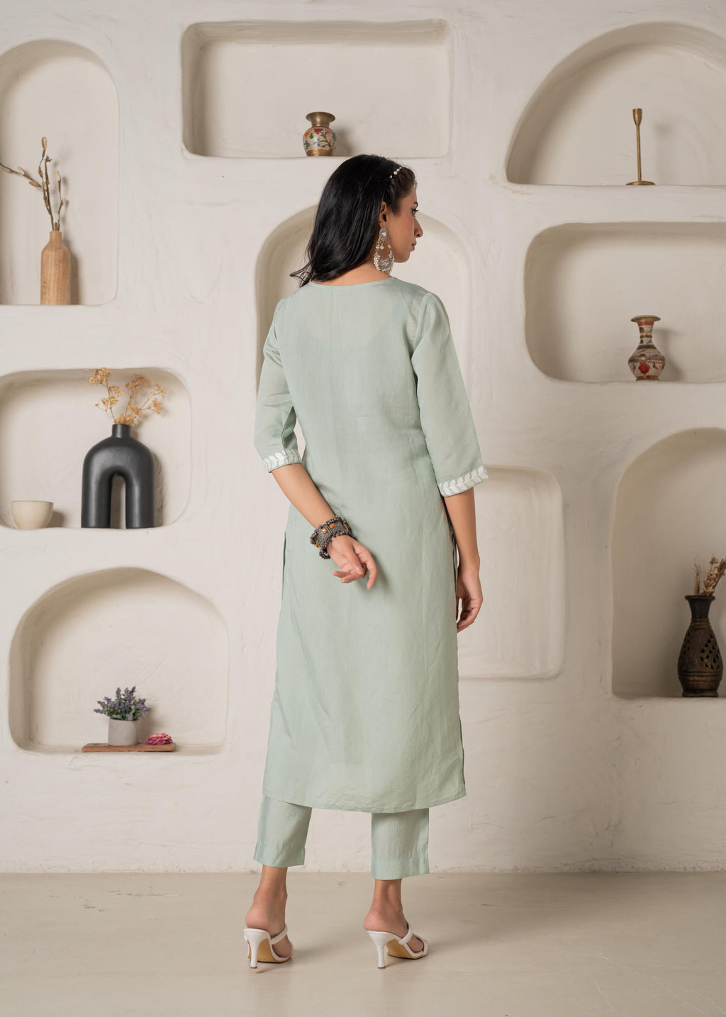 Juniper Mint Solid Embroidered Straight Kurta Pant Set With Thread Work | Grocsy
