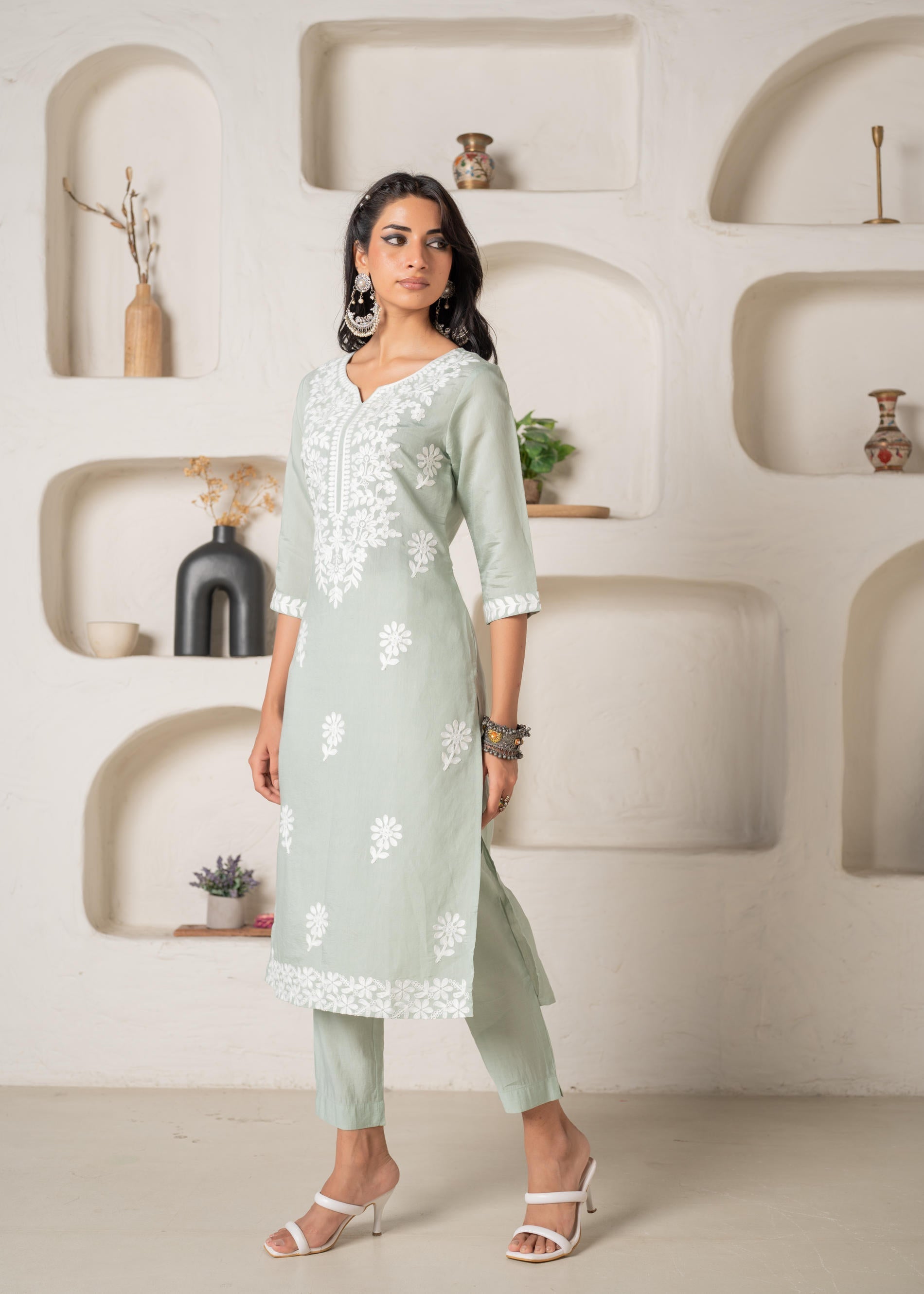 Juniper Mint Solid Embroidered Straight Kurta Pant Set With Thread Work | Grocsy