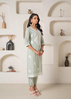 Juniper Mint Solid Embroidered Straight Kurta Pant Set With Thread Work | Grocsy