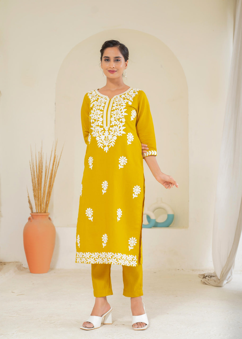 Juniper Mustard Solid Embroidered Straight Kurta Pant Set With Thread Work | Grocsy