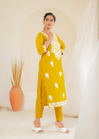 Juniper Mustard Solid Embroidered Straight Kurta Pant Set With Thread Work | Grocsy